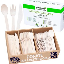 300-Piece Compostable Wooden Cutlery Set – 100 Forks, 100 Spoons, 100 Knives – Disposable Utensils in Paper Box Tray – Eco-Friendly for Restaurants, Schools, Offices, Parties, Catering