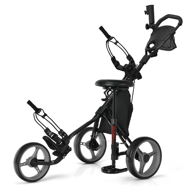 Costway Folding 3 Wheels Golf Push Cart W/Seat Scoreboard Adjustable Handle Grey