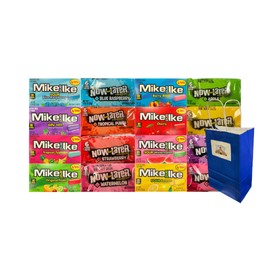 Assorted Candy Mix 16 Pack – 8 Flavors of Mike and Ike & 8 Flavors of Now and Later with Blue Paper Bag – 5.25x3.2x8 Inch, Perfect for Sharing, Gift Bags, Parties, and Snacking