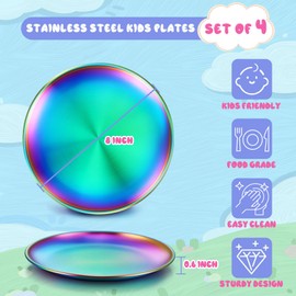 TeamFar Kids Plates, 4 PCS Stainless Steel Baby Dinner Plates Set, 8 Inch Toddler Metal Dishes, Unbreakable Dishes for Camping Serving Party, Non Toxic, Matte Finished & Dishwasher Safe, Colorful
