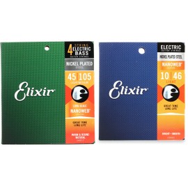 Elixir Strings 14077 Nanoweb Electric Bass Guitar Strings - .045-.105 Light/Medium Long Scale + Elixir Strings 12052 Nan