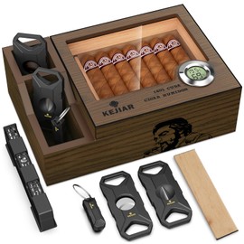 KEJIAR Cigar Humidor with 2 Side Cigar Accessories Boxes,Glass Top Cedar Small Cigar Humidor with Cigar Cutter,V-Cutter, Humidifier and Digital Hygrometer, Cigar Gifts for Men