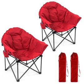 LET'S CAMP Heavy-Duty Oversize Camping Chair Round Moon Saucer Chair Padded with Cup Holder and Carry Bag Folding Chair,2 Pack,Red