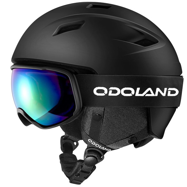Odoland Ski Helmet Set with Goggles, Snowboard Helmet, Dial Size Adjustment, Glasses Compatible, Double Spherical Lens, Windproof, Anti-Fog, Shockproof, UV Protection, For Adults, Unisex, Kids, Juniors, Black, Medium
