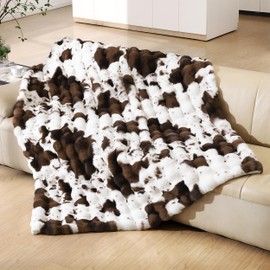 PLUUSHUU Faux Rabbit Fur Bubble Blanket, Fluffy Fuzzy Warm Throw Blanket for Couch, Soft Cozy Shaggy Plush Furry Blanket, Luxury Decorative Gifts for Sofa Bedroom, 60x80inch (Cow Print-Brown)