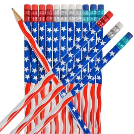American Flag USA Pencils, Wooden 4th Of July Give Away - 7 1/2" (Pack of 12)