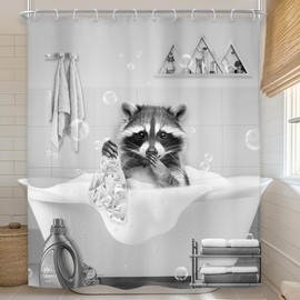 Riyidecor Kids Funny Raccoon in Bathtub Shower Curtain Fun Cute Animal Kid Vintage Gray Grey Rustic Farmhouse Wildlife 60Wx72H Inch Hilarious Fabric Decor Bathroom Polyester Waterproof 12 Pack Hooks