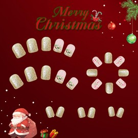 Christmas Glitter French Tip Press on Nails Short Square Xmas Fake Nails Glossy Winter Christmas Acrylic Glue on Nails for Women Girls