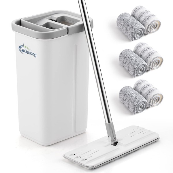 oshang Flat Mop and Bucket OG6, Hands Free Floor Flat Mop, Stainless-Steel Handle, 6 Washable & Reusable Microfiber Pads