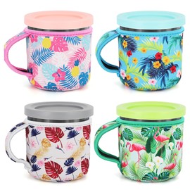 4Pack Neoprene Ice Cream Sleeves with Handle, Reusable Insulated Pints Cover Compatible with Ninja Creami NC301 NC300 NC299AMZ Series Ice Cream Maker Containers(Tropical）