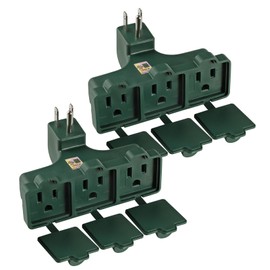 FiiMan 3 Outlet Outdoor Wall Adapter, UL Listed 3-Prong Grounded Outlet Splitter, Weatherproof Heavy Duty Multi Outlet Power Plug Extender with Dust-Proof Cover, Green (2 Pack)