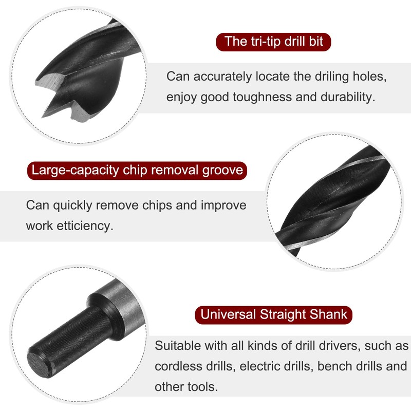 sourcing map Brad Point Drill Bits 15mm(38/64") Dia Straight Steel