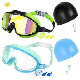 Gafas de Natación para Niños,2 Pcs Anteojos de Natación para Niños con Gorro,Tapón La Oídos y Clip La Nariz,Swim Goggles Ajustable Silicona,Antivaho Anteojos（Azul+Verde）
