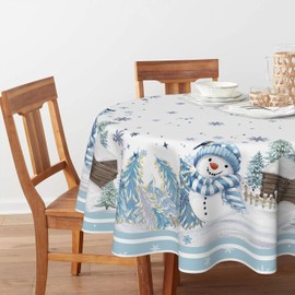 Horaldaily Christmas Tablecloth 60×60 Inch Round, Blue Snowman Pine Snow Washable Table Cover for Party Picnic Dinner Decor
