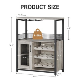 IDEALHOUSE Wine Bar Rack Cabinet with LED Light, Adjustable Shelves Coffee Bar Cabinet with Mesh Door and Baffle Design, 36 in Tall Small Liquor Bar Cabinet for Home, Kitchen, Dinning Room, Grey