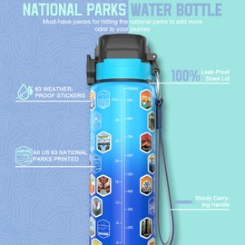 National Parks Water Bottle with 63 Waterproof Stickers & Carry Strap, Durable Plastic Water Bottle 32oz Hiking Water Bottles for Travel, Camping, Gifts for Kids, Men, Women Tritan, BPA Free
