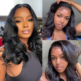 VKVL 18 Inch Body Wave Lace Front Wigs Human Hair Pre Plucked 13x4 HD Lace Frontal Wigs Human Hair 200 Density Glueless Wigs with Baby Hair Natural Black