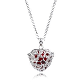 Nenalina Silver necklace with angel whisperer heart pendant and red chime ball, women's necklace with jewellery and chain pendant, length 80 cm, 925 sterling silver, EFS-007, Sterling Silver, Garnet