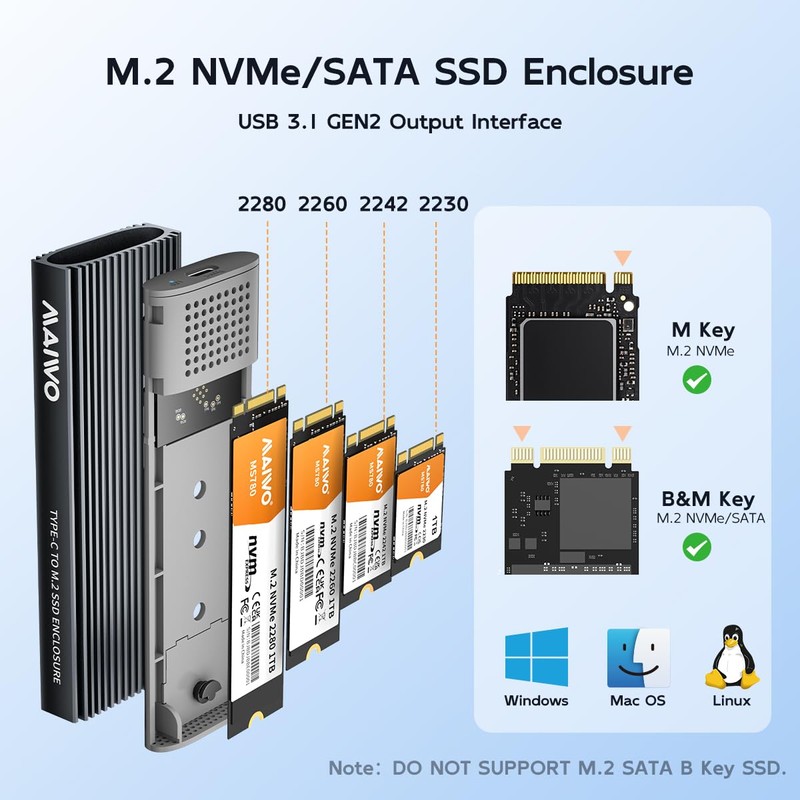M.2 NVMe SATA SSD Enclosure, USB 3.1 GEN2 10Gbps with