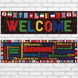 Panelee 2 Stück International Welcome Banner 35 x 110 cm Flaggenkette Willkommen Hintergrund Banner National Flaggen Willkommen Banner aus Polyester für Welt Sport Veranstaltung Club Schule (Schwarz)