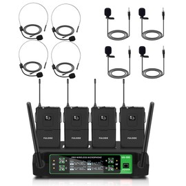 FULODE UG-550 Wireless Lapel Microphone, 4 Channel Professional UHF Wireless Microphone System with 4 Lavalier 4 Headset Mics for Singing Meeting Church Event TV Speaker (4 Bodypack, 200ft Range)