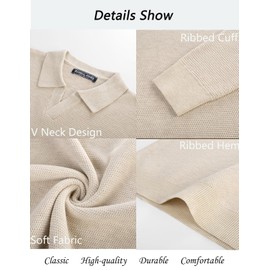 Sweaters for Men Long Sleeve V Neck Pullover Sweater Casual Business Knitted Sweater Beige