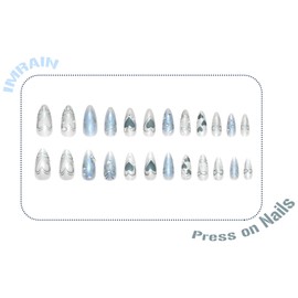 IMRAIN Almond Press on Nails French Medium False Nails with 3D Summer Flowers Pattern Embossed Gradient Design Full Cover Stick on Nail Cute Nail Women Daily Nails DIY Decoration 24Pcs