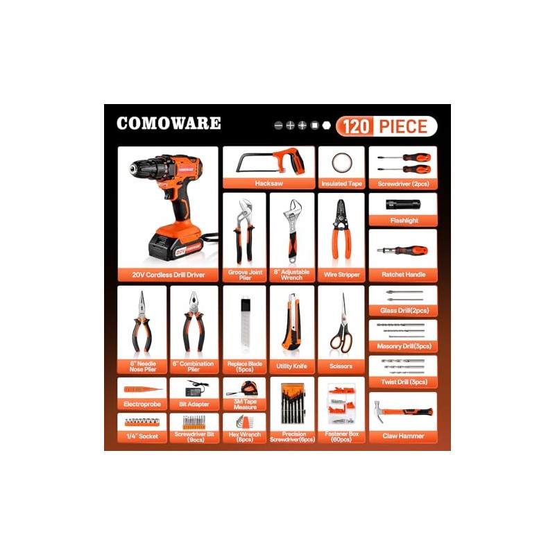 COMOWARE Household Tool Set with 20V Cordless Drill Driver, 120Pcs