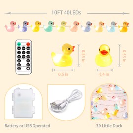 Tiny Duck String Lights Battery/USB Powered - 10ft 40 Lights Multi-Color Duck, Remote Control LED Fairy Warm White Light for DIY Crafts Wedding Table Centerpieces Party Bedroom Christmas