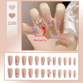 Press on Square Nails Medium Length Glossy Full Cover Acrylic Glitter False Nails with Butterfly Gems Designs Artificial Square Shaped Fake Nails Glue ons Nails Stick on Fingernails for Women Girls