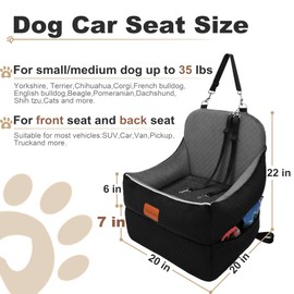 Car Dog Booster Seat,Interior Height 7 Inches Elevated for Small Dog up to 35 lbs,Pet Car Travel Safety Seat with 2 Safety Leashes,Storage Pockets,Non-Slip Bottom(Lookout-Black Outside Grey Inside)