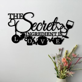 XORT The Secret Ingredient is Love Metal Wall Art Sign, Farmhouse Dining Room Kitchen Wall Decor Housewarming Gift Counter Pantry Sign. (Black -16 x 8 inch)