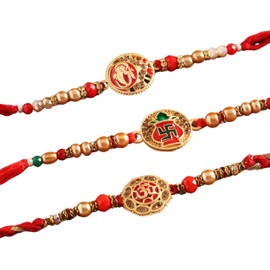 Raksha Bandhan Set of 3 Rakhi for Brother with Raksha Bandhan Greeting Card & Roli Chawal Tika | Kalash Om Rakhi for Brother | Ganesh Rakhi for Small Brother Bhaiya | Kalash Rakhi Thread MHNJ004