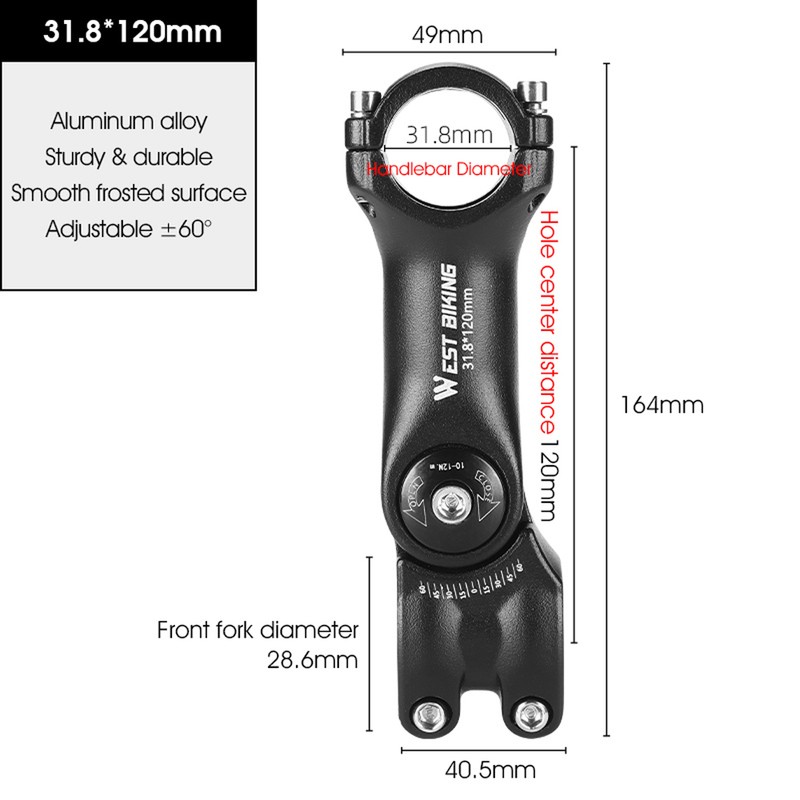 Adjustable Bicycle Handlebar Stem Variable 60 Degree Angle Aluminum Alloy