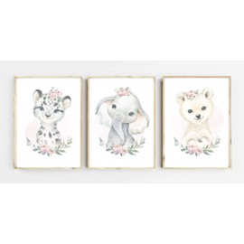 Lemmami Stationery Set of 3 Animal Pictures Wall Pictures Nursery Baby Room Poster Pictures Girls Boys Decoration Jungle Safari Elephant Polar Bear Snow Leopard (Set of 3 Wall Decoration)