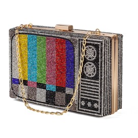 Renabro Women Retro TV Shape Crossbody Bag Rhinestone Metal Vintage Evening Clutch Purses(colorful TV)