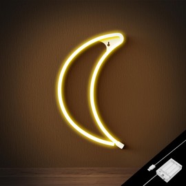 Ganrami Yellow Moon Neon Sign, USB & Battary Powered Neon Lights Signs, Moon Lamp, Moon Decor, Kids Room Decor for Bedroom, Night Light for Kids, Party Decorations, Birthday Decorations