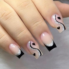 French Tip Press on Nails Valentins Day Fake Nails Black Heart Glue on Nails Square Shape False Nails with Glitter Cute Valentin’s Acrylic Press on Nails Glossy Full Cover Stick on Nails for Women