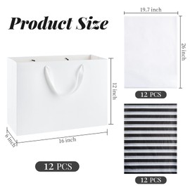 Ohuimrt 12 PCS White Gift Bags with Tissue Papers, 16" Extra Large Kraft Paper Gift Bags with Ribbon Handles for Shopping Birthday Retail Merchandise Business, 16 x 6 x 12 Inches