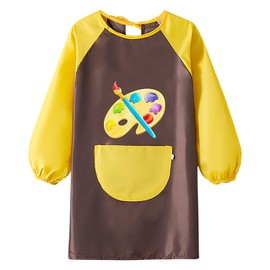 paitok Children's Art Apron Is a Waterproof Apron with Long Sleeves and Perfect for Painting, Cooking, and Messy Activities. Suitable 6-12 Years Girls/Boys Kids Apron(Coffee Body Yellow Sleeves)
