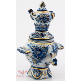 Gzhel Blue White & Gold Porcelain Samovar Teapot Figurine collectible souvenir