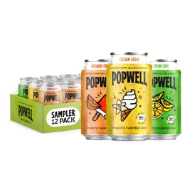 Popwell Caffeinated Variety Pack Better-For-You Prebiotic Soda, with 6g Fiber, 1g Sugar, Vitamins and Immunity Support, 12 fl oz, 12 count (Orange Cream, Lemon Lime, Cream Soda)