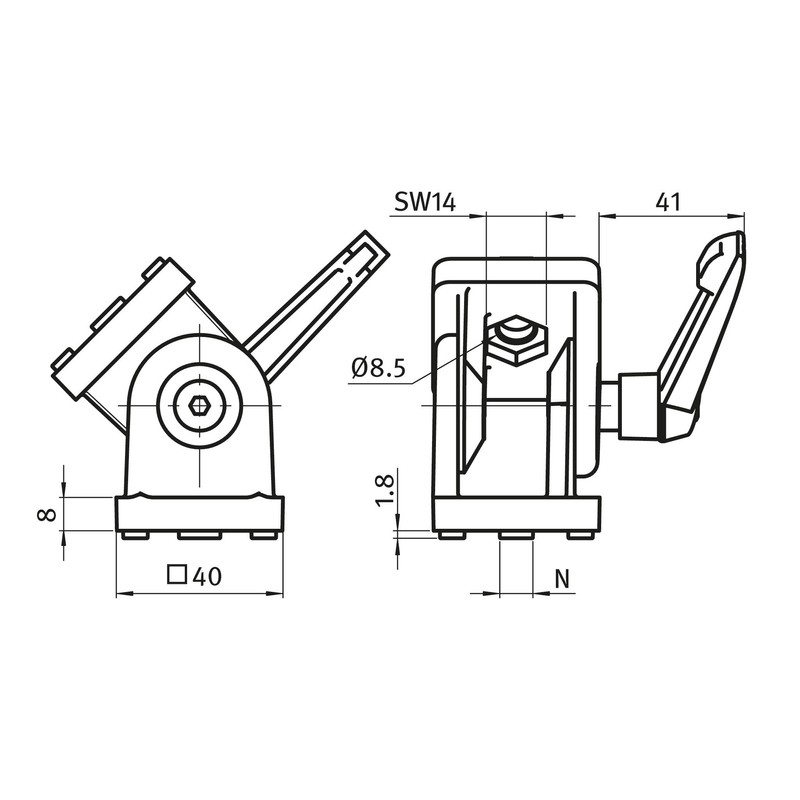 Joint 40 x 40 with clamping lever, nut / 8/10