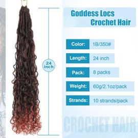 IIFLYDSFA Boho Faux Locs Crochet Hair 24 Inch 8 Packs Goddess Locs Crochet Hair with Curly Ends Ombre Ginger T1B/350# Pre-looped Bohemian River Locs Hair for Women