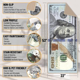 Ottomanson 22" x 53" $100 Bill Money Rug - Durable & Non-Slip Area Rug - Fun & Eye-Catching Decor for Bedroom, Office, Game Room & Man Cave - Unique Gift for & Trendy Home Decor, Multicolor