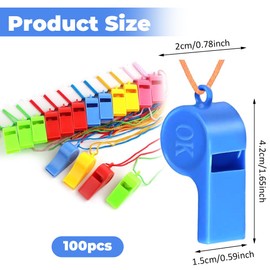 Pack of 100 Plastic Whistles Children, 5 Colours Sports Whistles with Lanyard, Children's Colourful Sports Whistle, Referee Whistle, for School Sports, Football, Dog Training, Sports Lessons