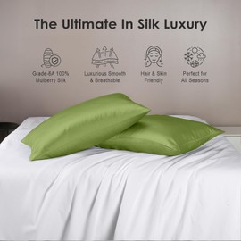 Cobnom Pure Mulberry Silk Pillowcases Set of 2, Standard Size with Zipper - Grade-6A 19 Momme, 600 Thread Count Soft Smooth Cooling, Hair and Skin Friendly (Moss Green, 20x26 Inch)