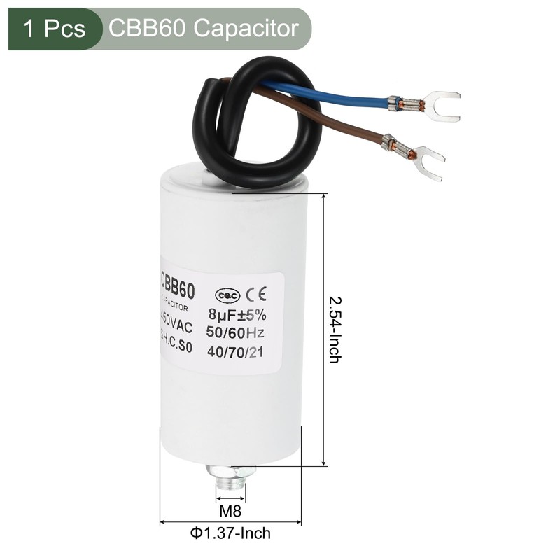 YOKIVE 8uF CBB60 Capacitor with U Terminal Wires, AC 450V(White)