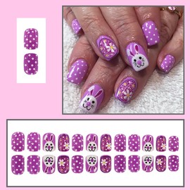 24Pcs Easter Press on Nails Short Square Fake Nails Cute Bunny Full Cover Acrylic Nails Purple Glossy Glue on Nails Cartoon Rabbit False Nails Easter Egg Designs Artificial Nails for Women Girls