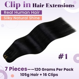 LaaVoo Black Real Hair Clip-In Extensions, Invisible Clip-In Remy Hair Extensions, Straight Black Extensions, Human Hair with Clips, Double Wefts, 7 Pieces, 45 cm, 120 g #1